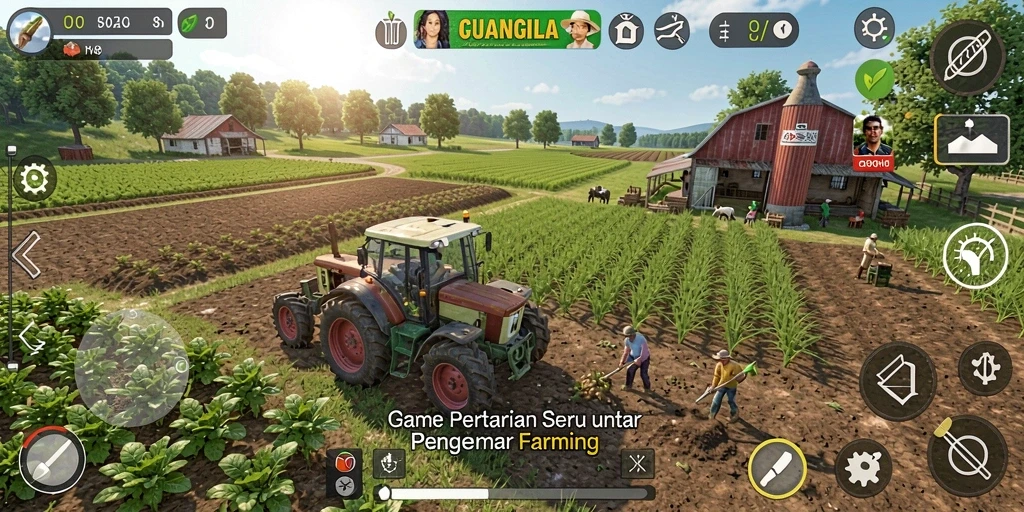 Screenshot gameplay CUANGILA menampilkan suasana pertanian yang cerah dan interaksi dengan hewan.