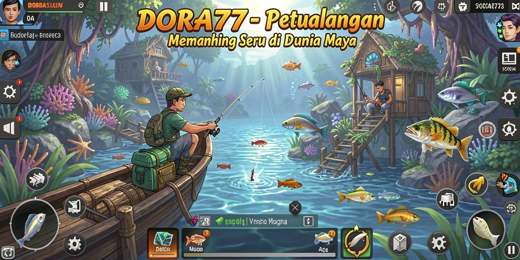 Tampilkan screenshot gameplay DORA77 dengan ikan besar yang ditangkap.