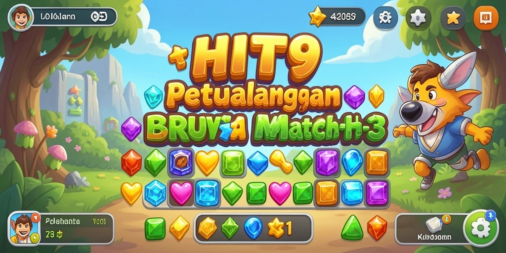 Tampilan gameplay seru dalam HIT9 dengan kombinasi permata warna-warni.