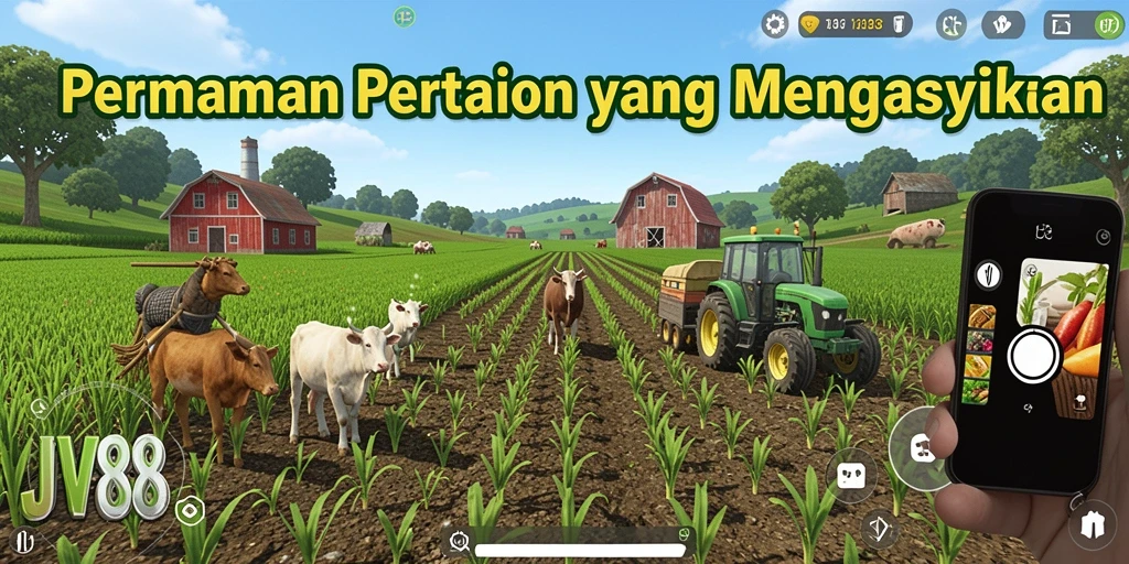 Screenshot JV88 menunjukkan aktivitas pertanian yang seru dan penuh warna.