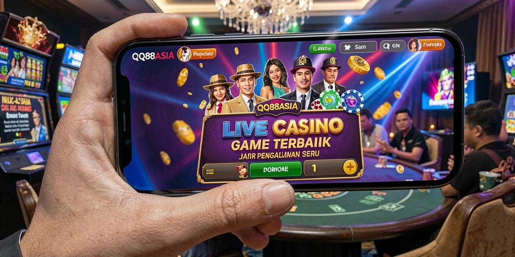Tampilan gameplay seru di QQ88ASIA menunjukkan dealer langsung dan meja permainan.
