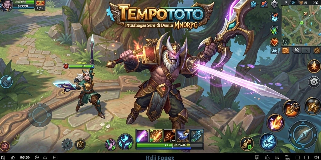 Screenshot gameplay TEMPOTOTO menampilkan pertempuran epik dan eksplorasi dunia.