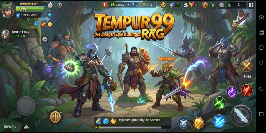 Tampilan gameplay RPG di TEMPUR99 dengan aksi seru dan karakter unik.